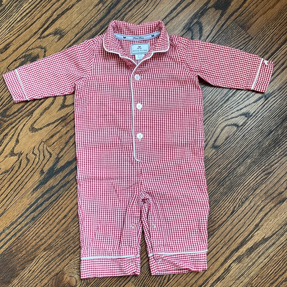 Petite Plume Red Mini Gingham Romper (Size 3-6M)